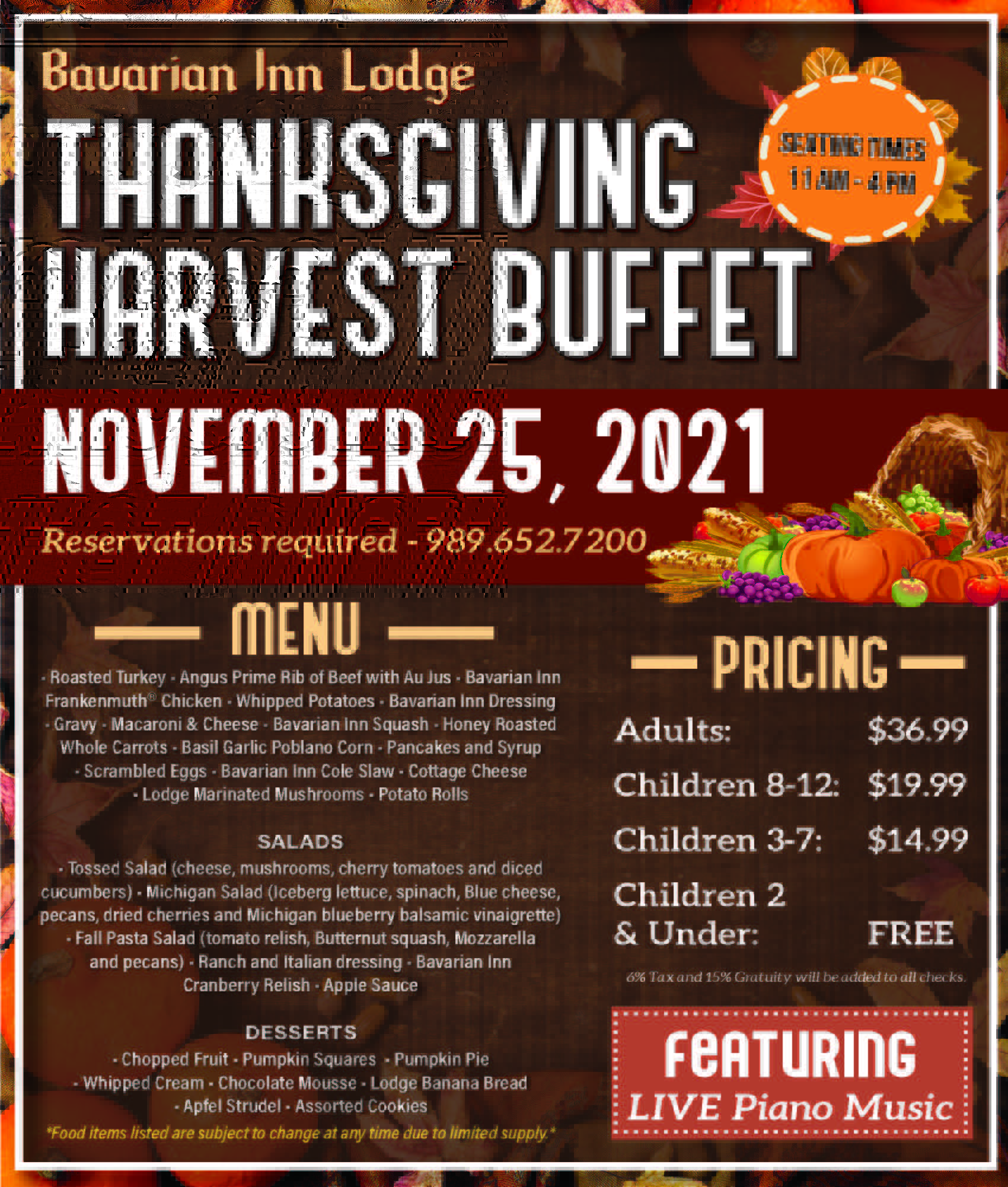 Thanksgiving Harvest Buffet at the Lodge! Bavarian Inn